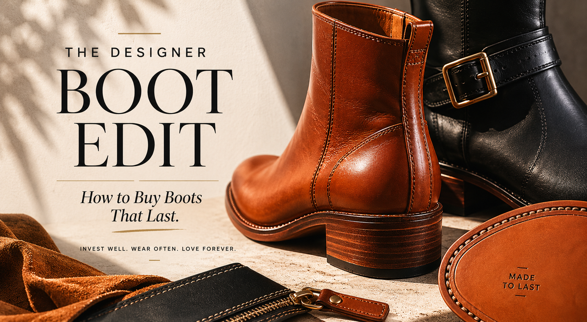 Designer boots showing leather sole and shaft proportion for THE NOTICE by THE GRAY CRAB