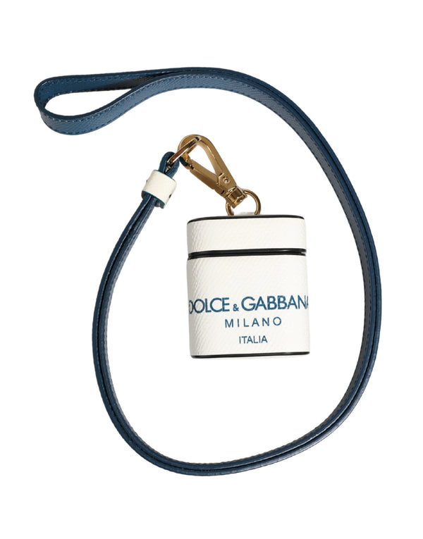 Dolce & Gabbana White Calf Leather Logo Flip Holder Strap Airpods Case