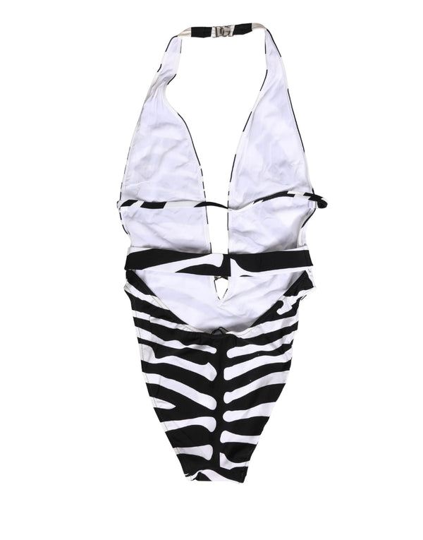 Dolce & Gabbana Black White Zebra Deep V-Neck One Piece Swimwear