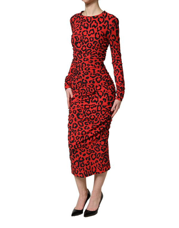 Dolce & Gabbana Red Leopard Print Long Sleeves Midi Dress