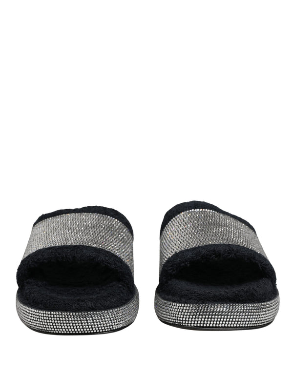 Dolce & Gabbana Black Crystal Embellished Platform Slides Shoes