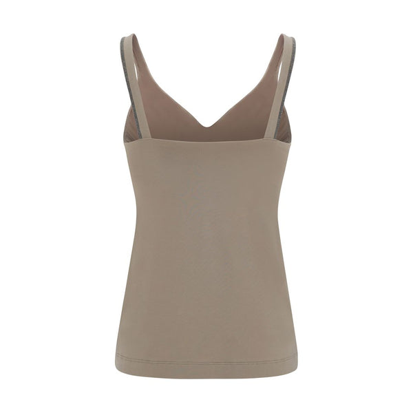Brunello Cucinelli Beige Cotton Sleeveles T-Shirt