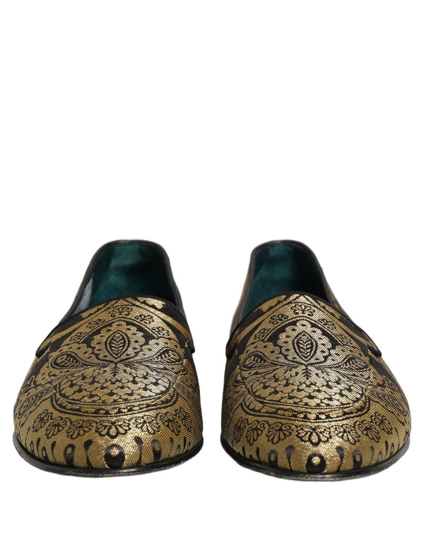 Dolce & Gabbana Gold Jacquard Leather Slip On Loafers Shoes
