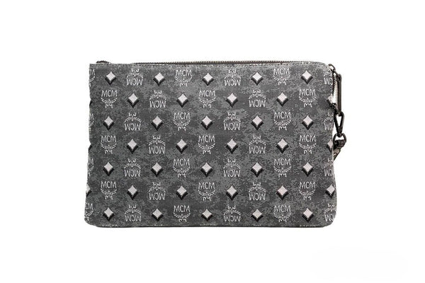 MCM Veritas Medium Dark Grey Denim Monogram Logo Canvas Clutch Pouch Handbag