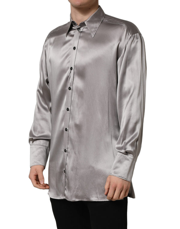 Dolce & Gabbana Metallic Grey Satin Silk Formal Dress Shirt