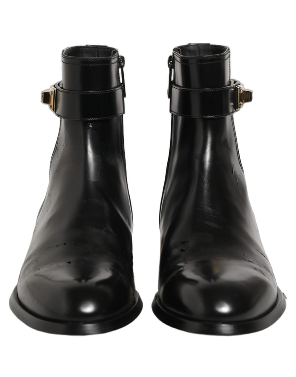 Dolce & Gabbana Black Leather Logo Buckle Mid Calf Boots Shoes