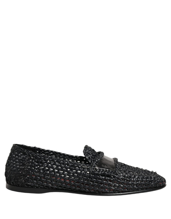 Dolce & Gabbana Black Woven Raffia Slip On Loafers Shoes