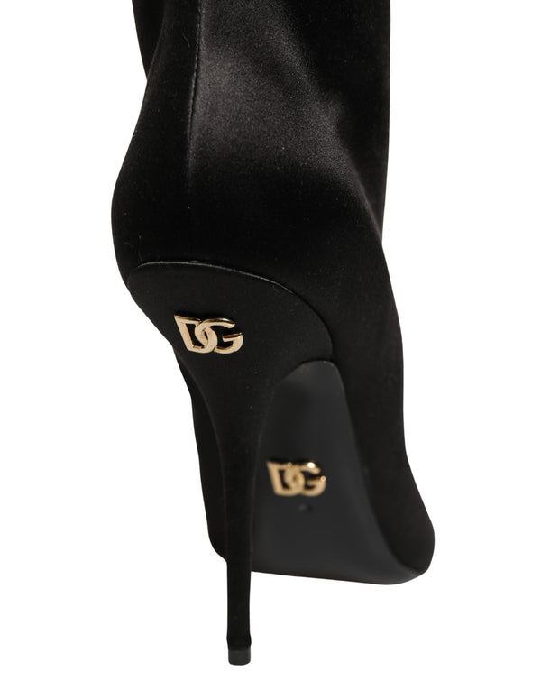 Dolce & Gabbana Black Satin Knee High Stiletto Boots Shoes