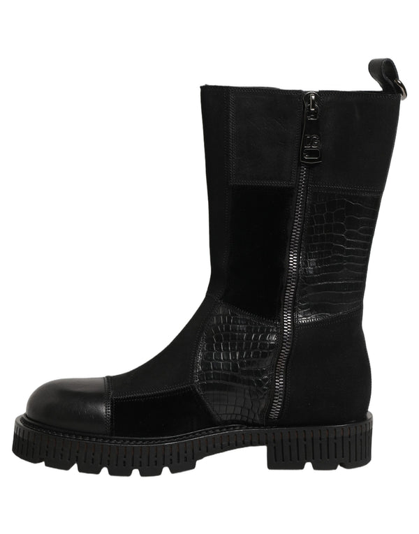 Dolce & Gabbana Black Patchwork Leather Mid Calf Boots Shoes