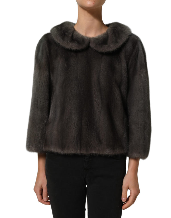 Dolce & Gabbana Dark Gray Mink Fur Round Collar Blouse Top