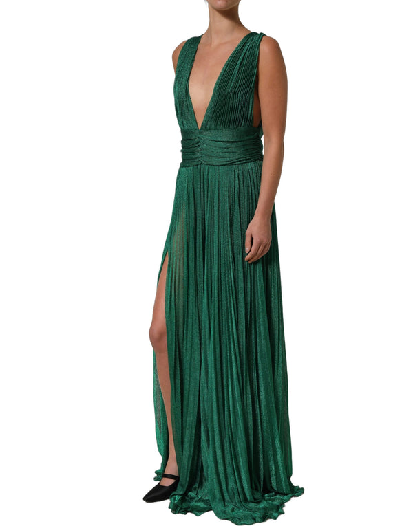 Dolce & Gabbana Metallic Green Sleeveless Plissé Gown Dress