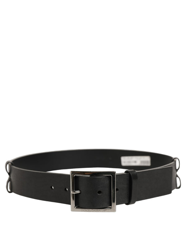 Dolce & Gabbana Black Leather Silver Tone Square Buckle Belt
