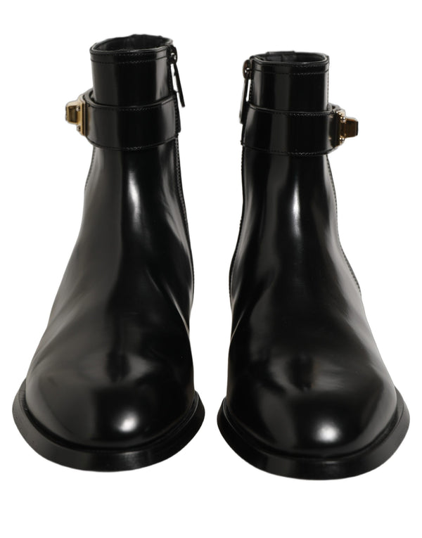 Dolce & Gabbana Black Leather Buckle Mid Calf Boots Shoes