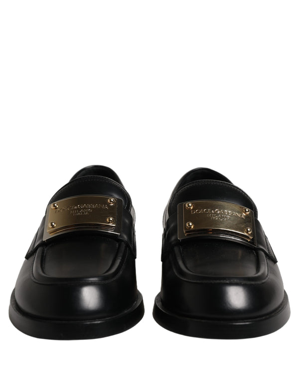 Dolce & Gabbana Black Leather Logo Plaque Loafers Shoes