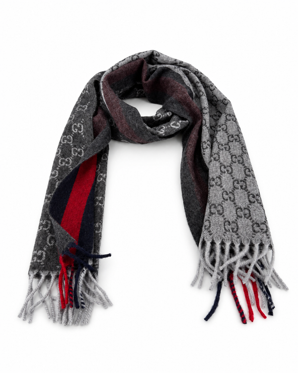 Gucci Monogram Charcoal Grey Cashmere & Wool Scarf with Red & Navy Stripe