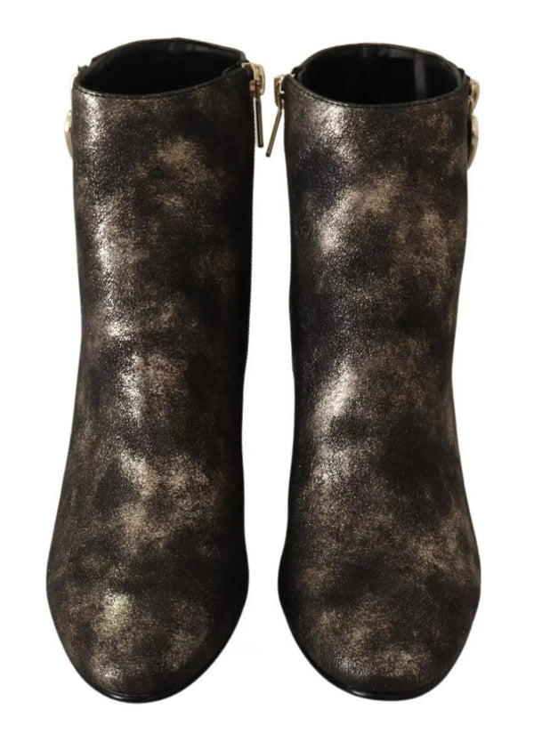 MY TWIN Black Leather Block Heels Ankle Boots Zipper Shoes