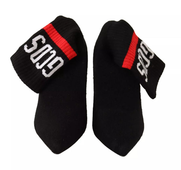 GCDS Black Suede Logo Socks Block Heel Ankle Boots Shoes