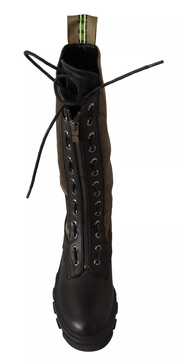 Gaelle Black Green High Combat Boots Lace Up Military Shoes