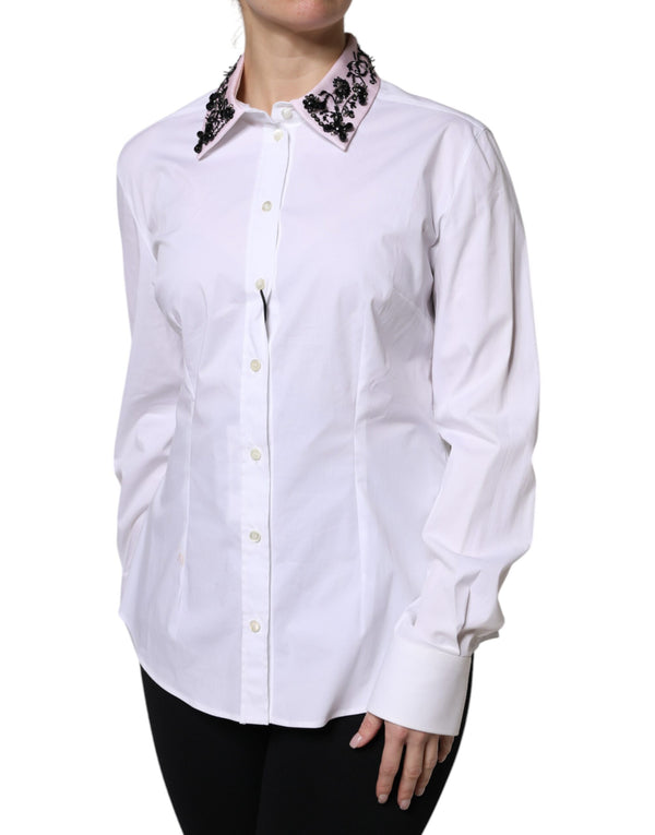 Dolce & Gabbana White Embellished Collared Dress Shirt Top