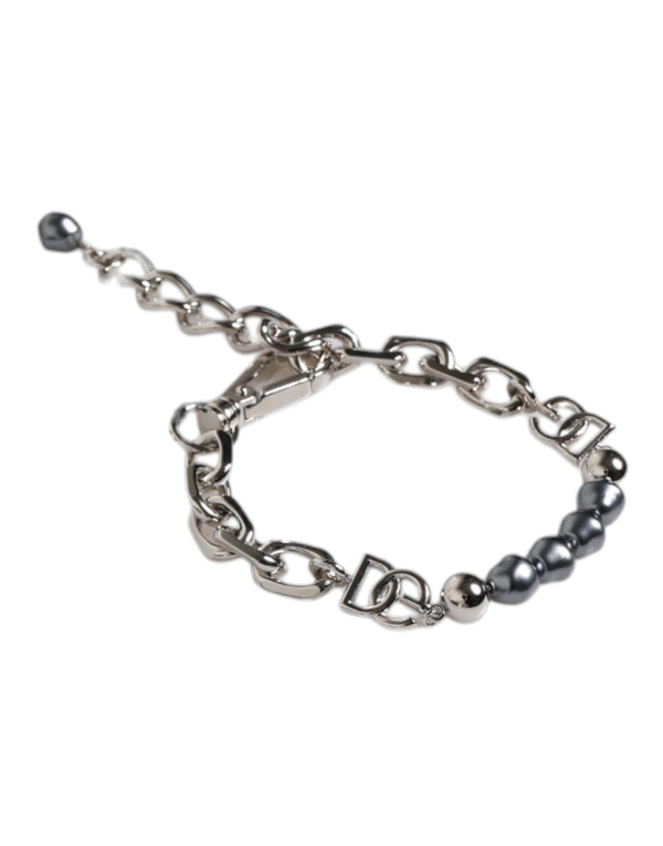 Dolce & Gabbana Silver Tone Chain Lobster Clasp Logo Gray Pearls Bracelet
