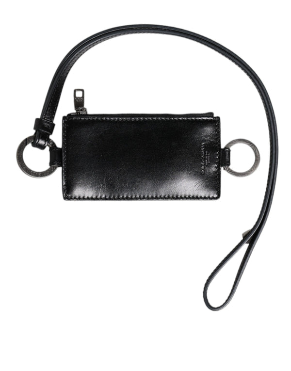 Dolce & Gabbana Black Leather Logo Embossed Lanyard Card Holder Wallet