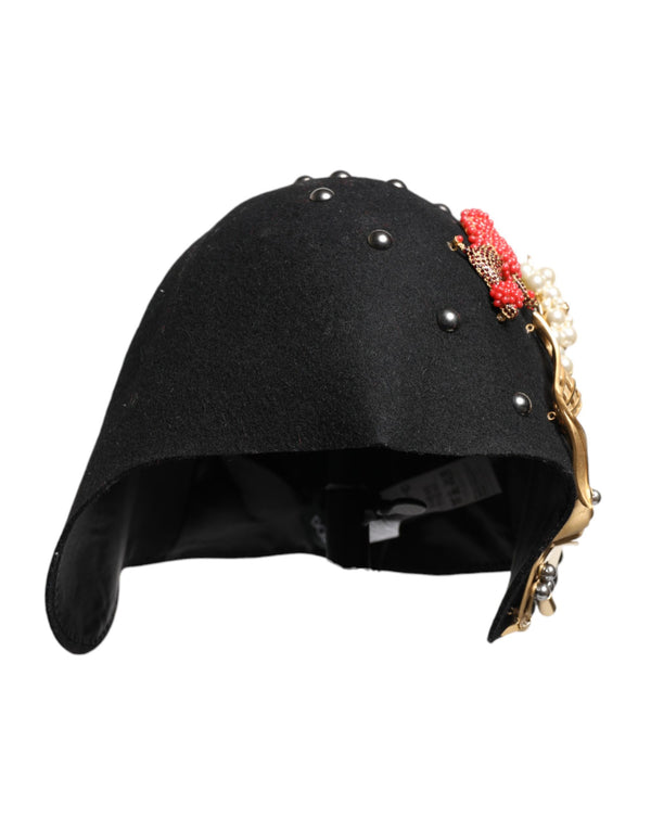 Dolce & Gabbana Black Wool Multicolor Embellished Cloche Hat