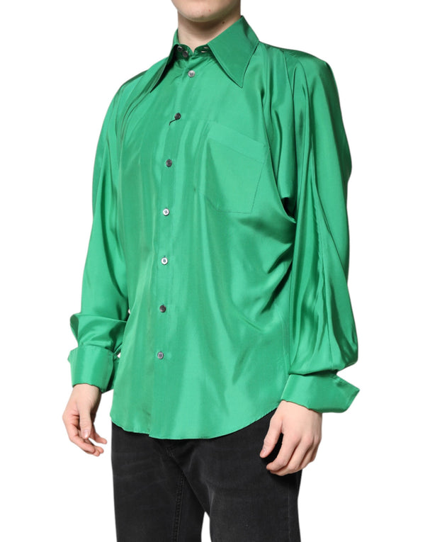 Dolce & Gabbana Green Silk Satin Long Sleeves Casual Shirt