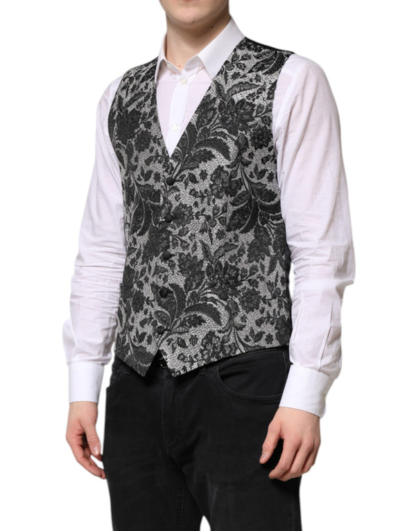 Dolce & Gabbana Black Gray Brocade Formal Men Waistcoat Vest