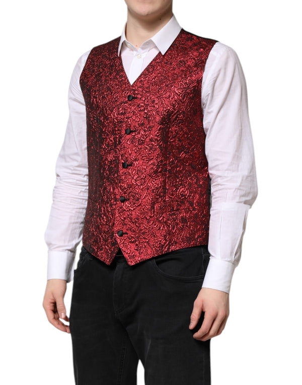 Dolce & Gabbana Red Floral Brocade Formal Men Waistcoat Vest
