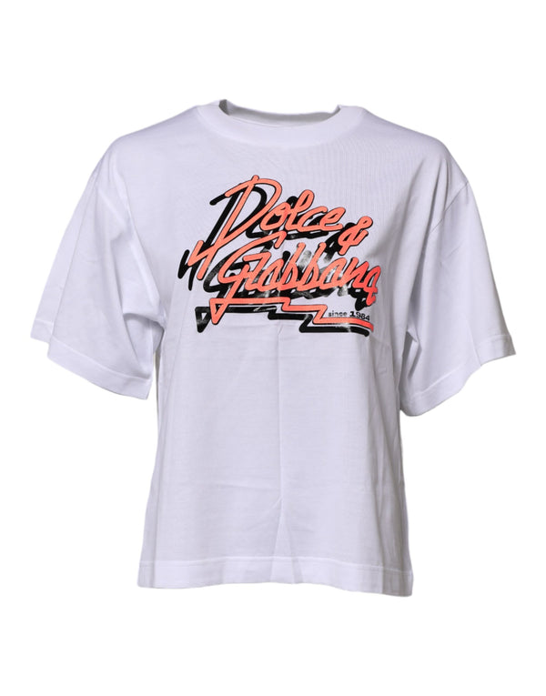 Dolce & Gabbana White Cotton Graphic Print Crew Neck T-shirt