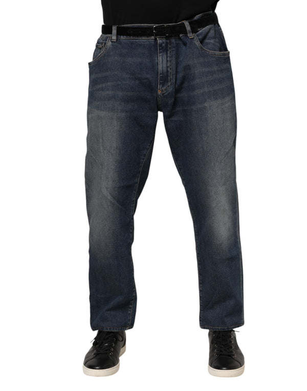 Dolce & Gabbana Blue Cotton Logo Plaque Slim Denim Jeans