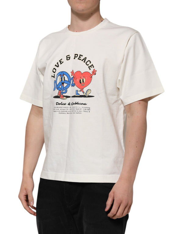 Dolce & Gabbana White Love Peace Cotton Men Crew Neck T-shirt