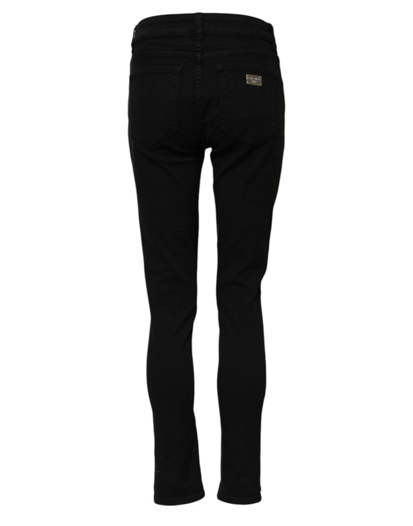 Dolce & Gabbana Black Cotton Logo Skinny Mid Waist Denim Jeans
