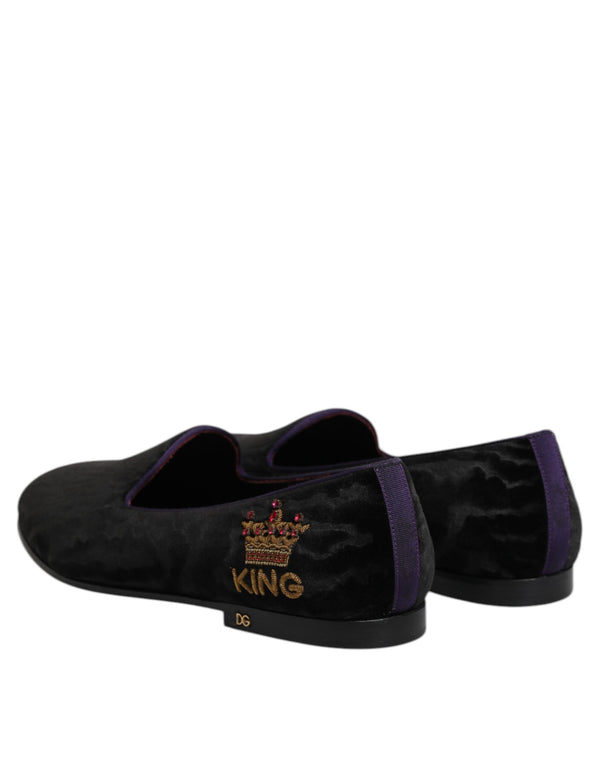 Dolce & Gabbana Black DG Crown Embroidery Loafers Slip On Shoes