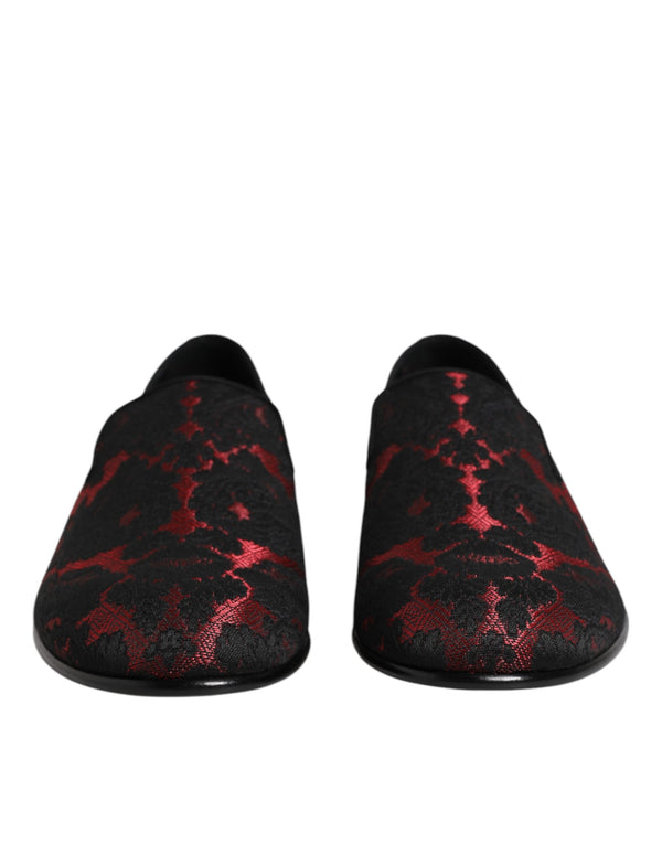 Dolce & Gabbana Red Black Jacquard Slip On Men Loafers Shoes