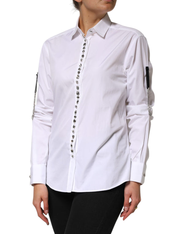 Dolce & Gabbana White Crystal Embellished Collared Shirt Top