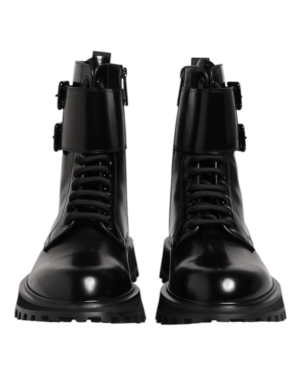Dolce & Gabbana Black Leather Lace Up Mid Calf Boots Shoes