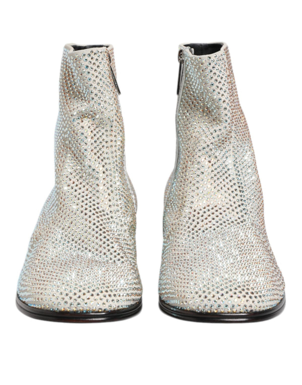 Dolce & Gabbana White Strass DG Logo Heels Ankle Boots Shoes