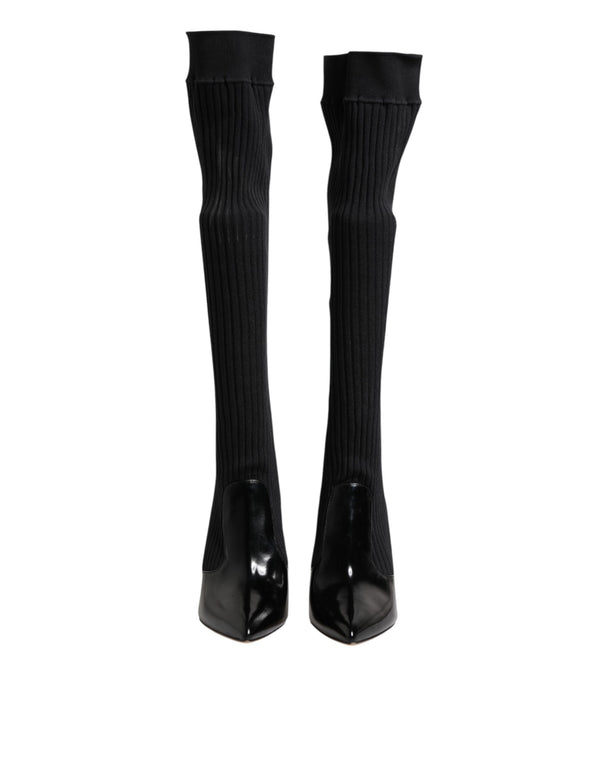Dolce & Gabbana Black Leather Ribbed Knit Knee Boots Shoes