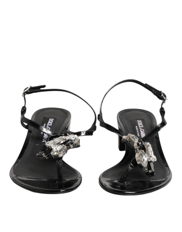 Dolce & Gabbana Black Leather Crystal Ankle Strap Sandals Shoes