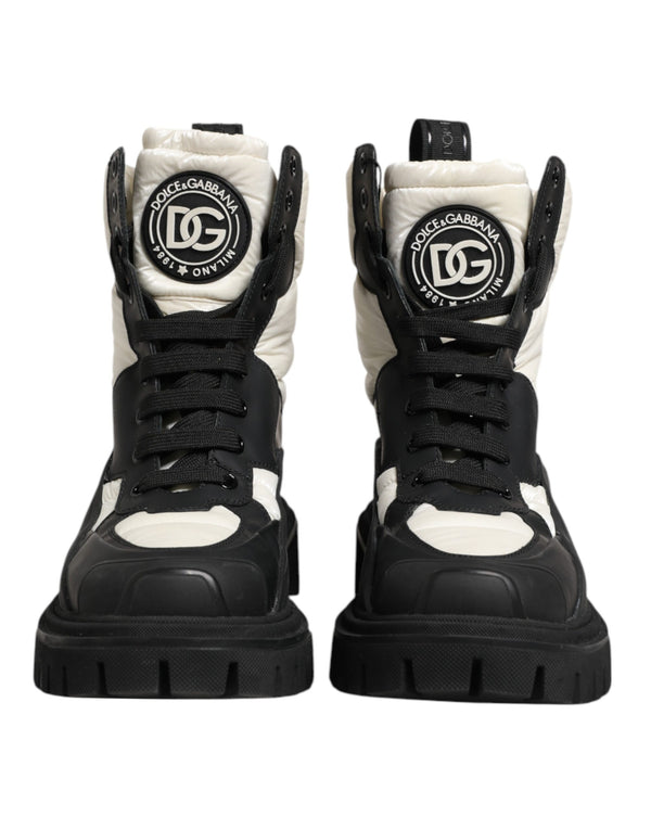Dolce & Gabbana Black White Padded Mid Calf Lace Up Boots Shoes