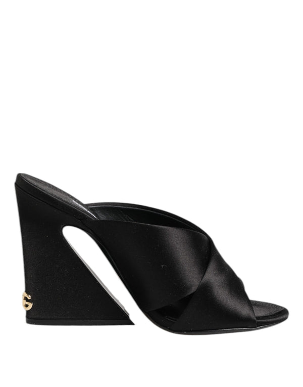 Dolce & Gabbana Black Logo KEIRA Satin Slides Sandals Shoes