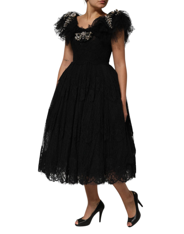 Dolce & Gabbana Black Crystal Embellished Midi A-line Dress