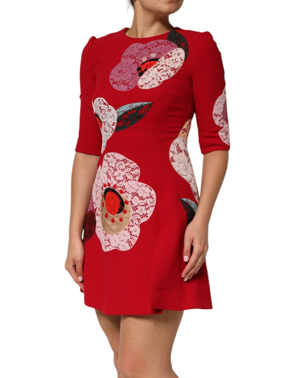 Dolce & Gabbana Red Lace Floral Applique A-line Mini Dress