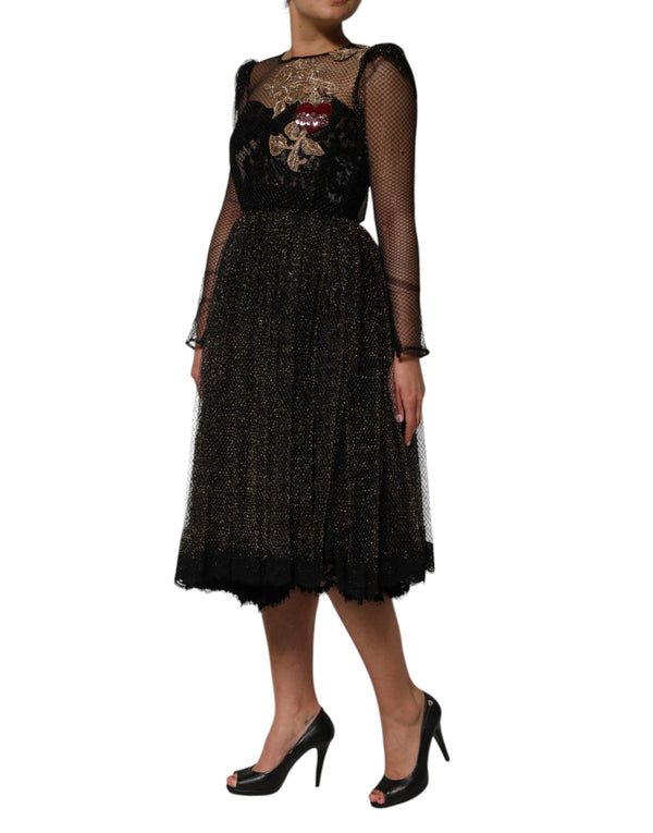Dolce & Gabbana Black Crystal Heart Embellished A-line Dress