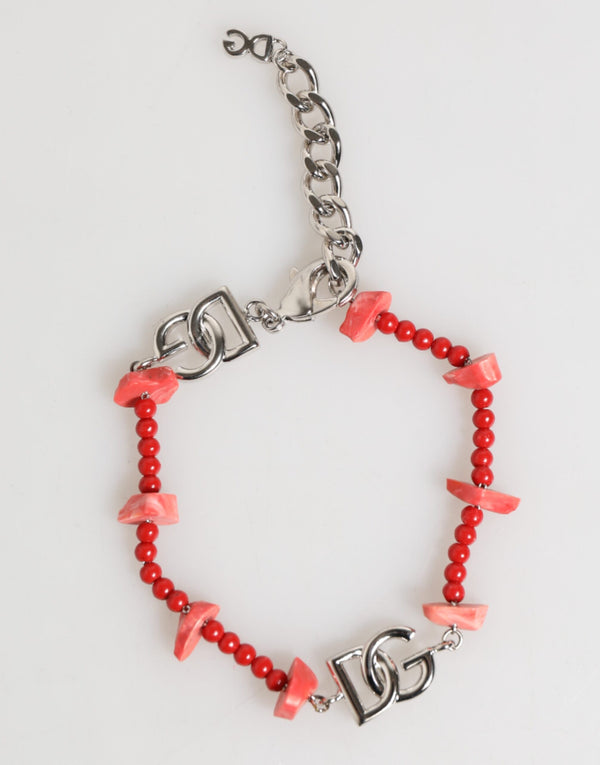 Dolce & Gabbana Silver Tone Brass Beaded Resin DG Logo Chain Men Bracelet