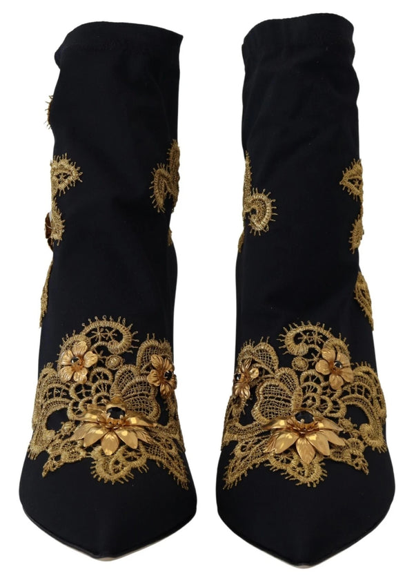 Dolce & Gabbana Black Gold Embroidery Crystal Boots Shoes
