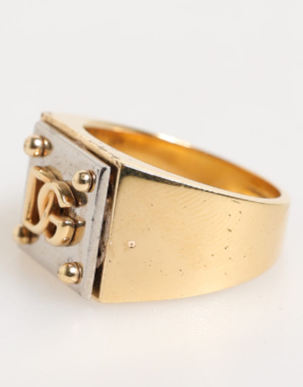 Dolce & Gabbana Gold Tone Brass Signet Square DG Logo Plaque Men Ring