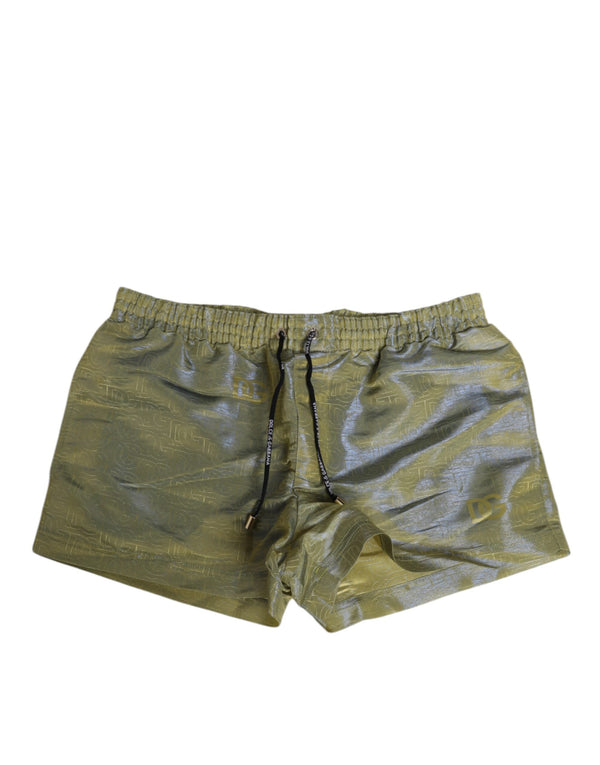 Dolce & Gabbana Green Polyester Metallic Logo Print Men Swimwear