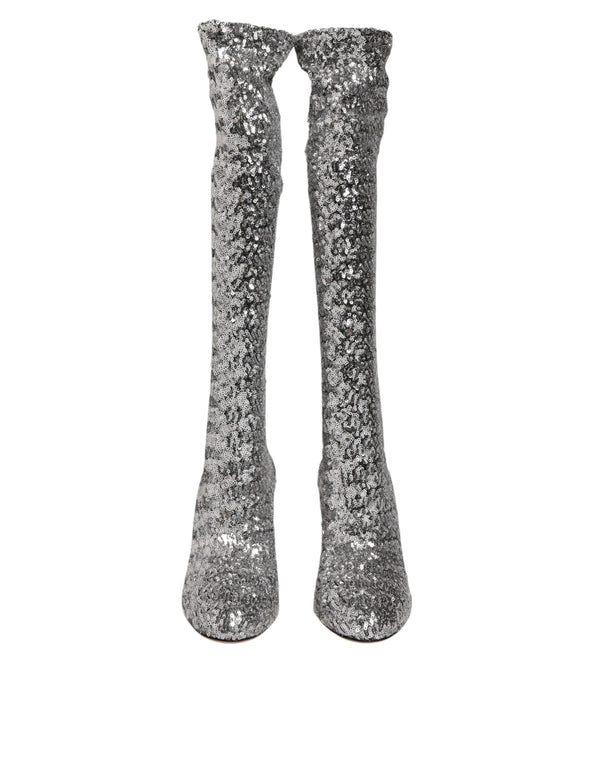 Dolce & Gabbana Shoes Silver Sequins Glitter High Heel Boot Shoes